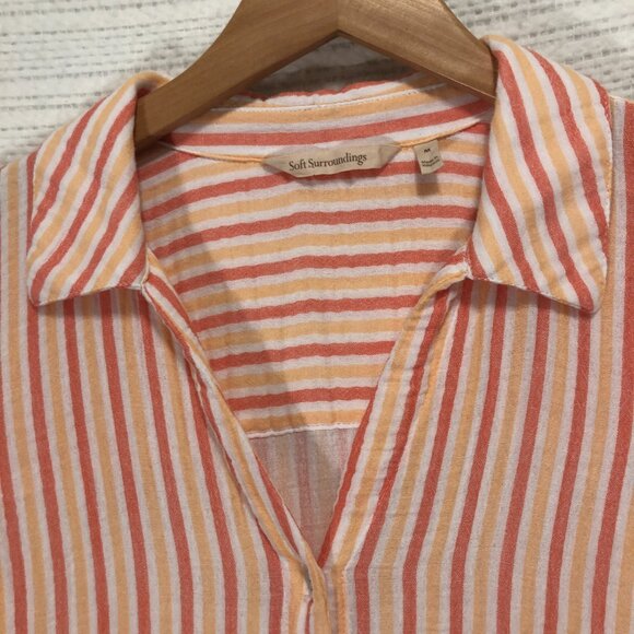 Soft Surroundings Size M Escambia Gauze Tunic Women's Coral Stripe Button Front - Picture 3 of 8